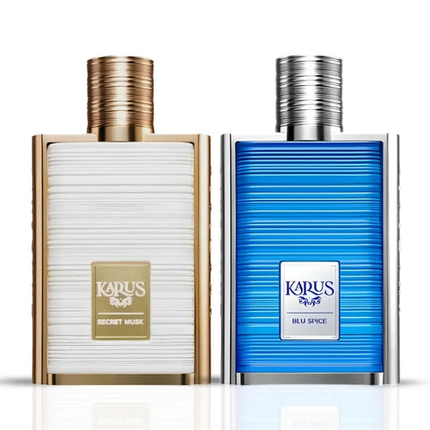 Bundle of Khadlaj Karus Secret Musk and Karus Blu Spice Eau de Parfum sprays, 100ml each, in elegant packaging.