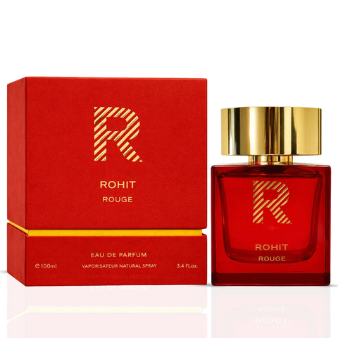 Rohit Rouge Eau de Parfum spray by Bharara, 100ml, featuring a sleek bottle with vibrant red accents and elegant design.