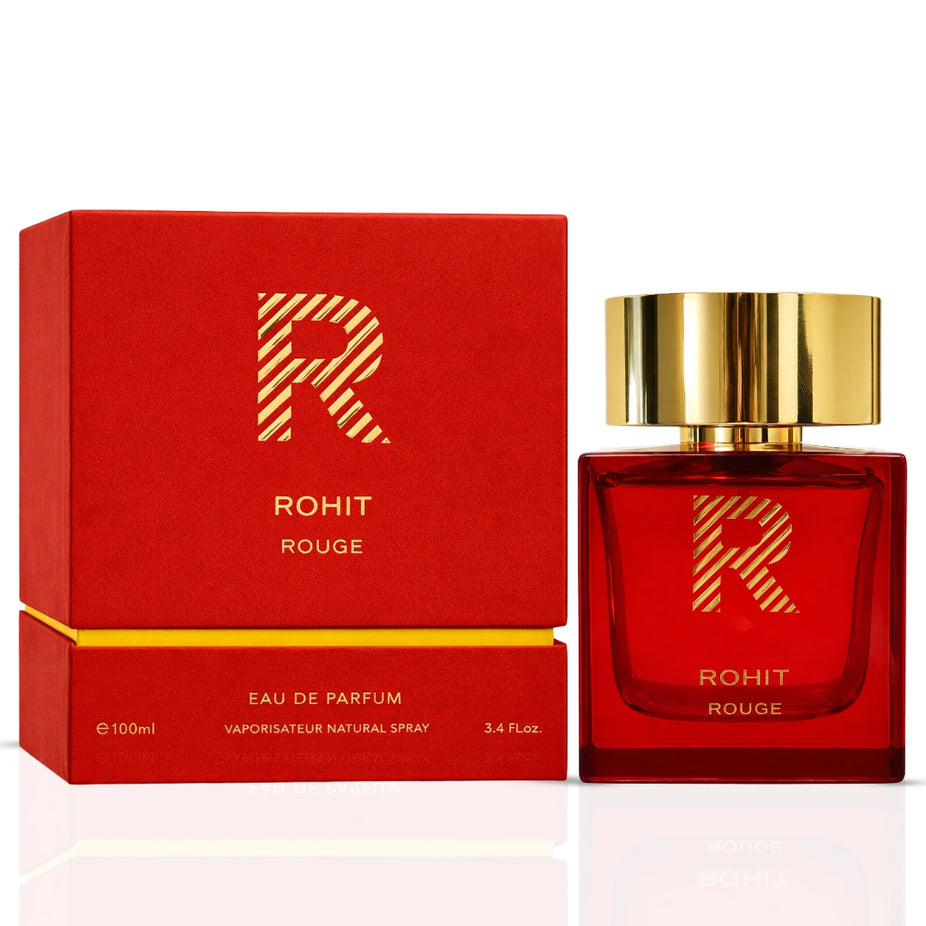 Rohit Rouge Eau de Parfum Spray by Bharara, 100ml bottle, elegant packaging and fragrance details visible.