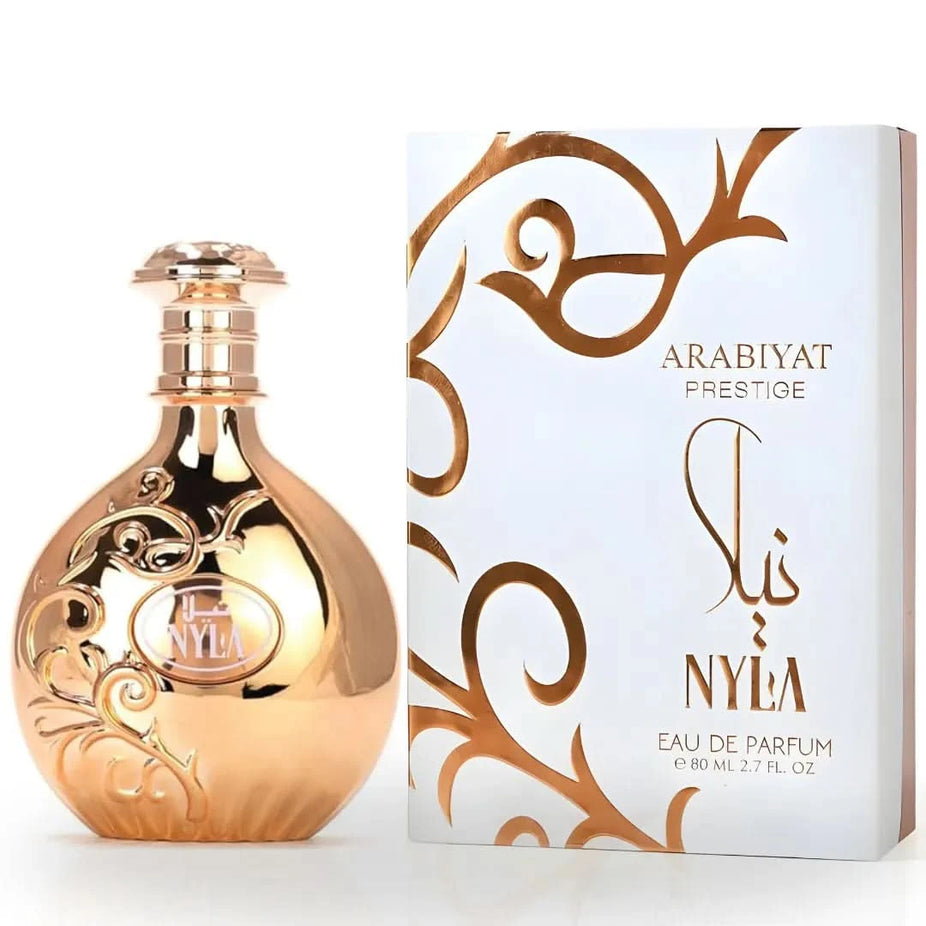 Arabiyat Prestige Nyla Eau de Parfum spray 80ml, elegant fragrance bottle with floral and woody notes, by Arabiyat.
