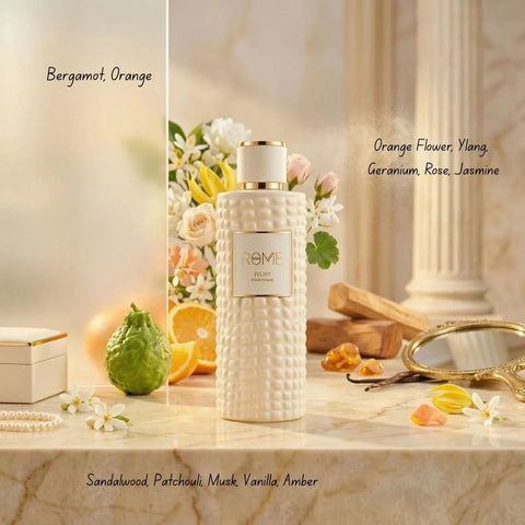 Rome Ivory Pour Femme Eau De Parfum spray by Mast Perfume, 100ml, featuring elegant floral and citrus notes in a sleek bottle.