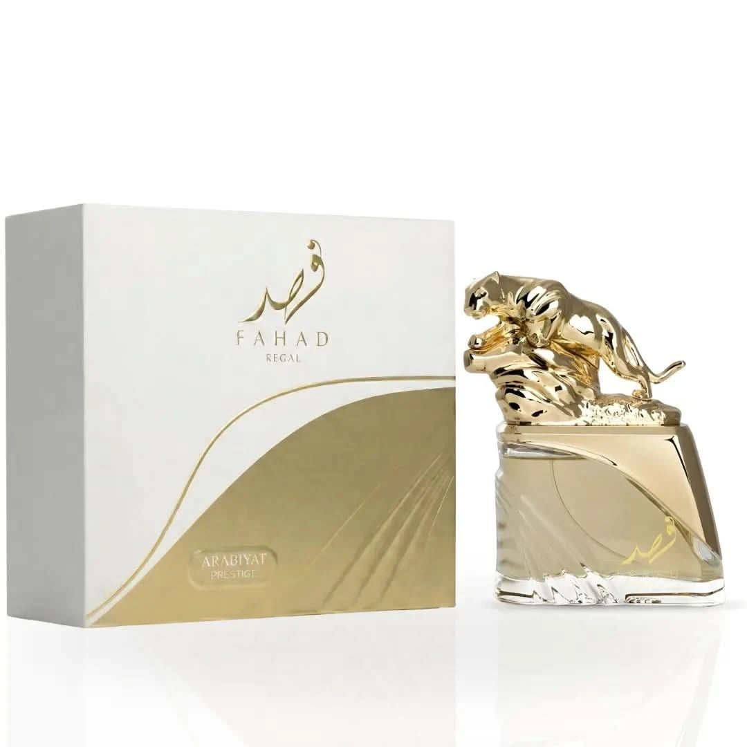 Arabiyat Prestige Fahad Regal Eau de Parfum spray 100ml, elegant bottle, showcasing the Arabiyat brand and luxurious fragrance design.