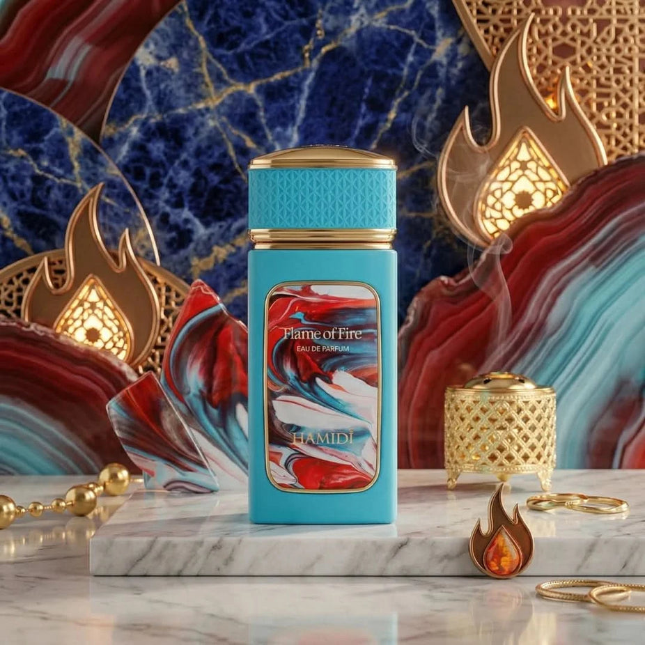Hamidi Flame of Fire Eau De Parfum spray 100ml bottle, elegant design, highlighting the luxurious fragrance packaging.