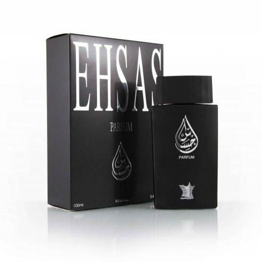 Ehsas for Men Arabian Oud Eau De Parfum 100ml bottle with elegant packaging and fragrance spray nozzle.