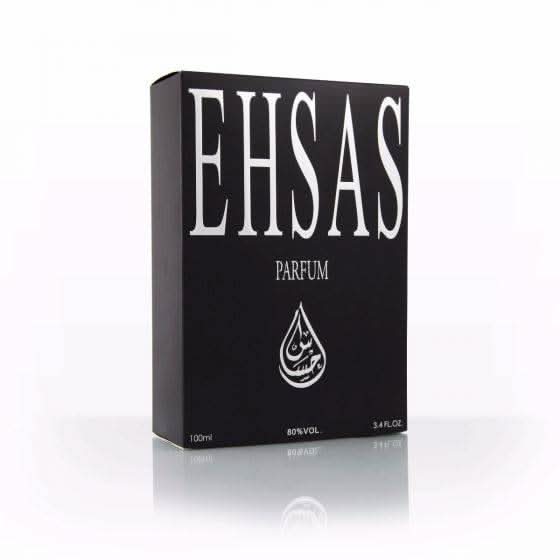 Ehsas for Men EDP by Arabian Oud 100ml bottle with elegant packaging and fragrance details, showcasing a luxurious men's perfume.