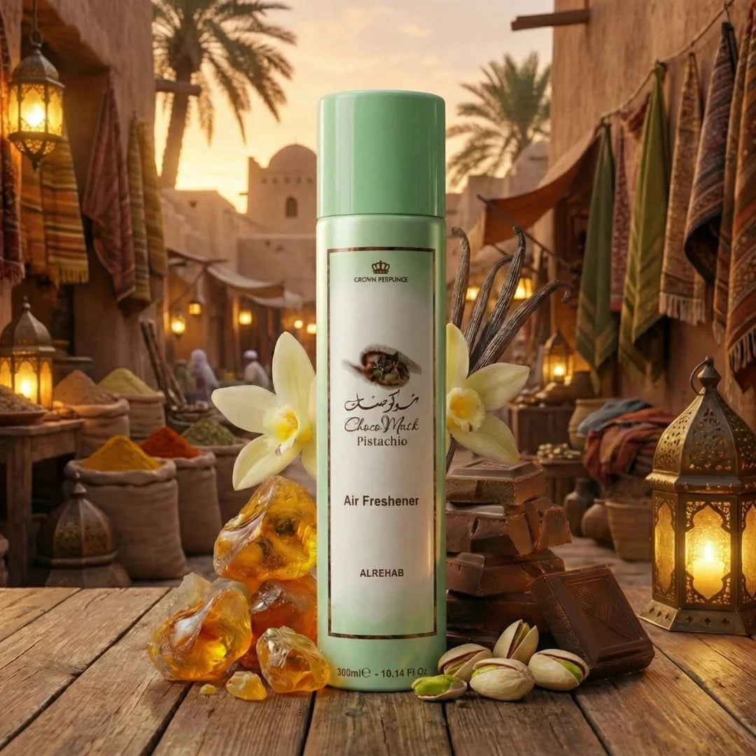 Al Rehab Choco Musk Pistachio air freshener bottle, 300ml, featuring a sleek container and pistachio and musk scent elements