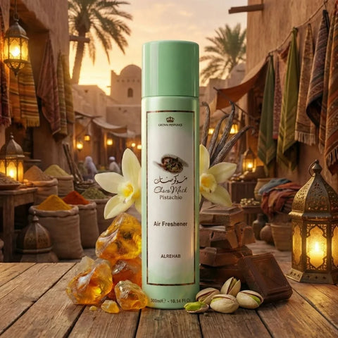 Al Rehab Choco Musk Pistachio air freshener bottle, 300ml, featuring a sleek container and pistachio and musk scent elements