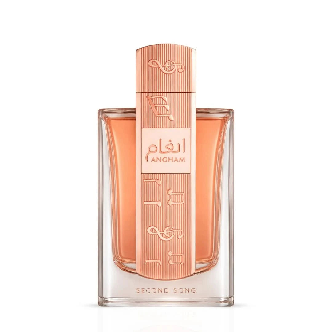 Lattafa Angham Second Song Eau De Parfum spray bottle, 100ml, elegant fragrance packaging for women.