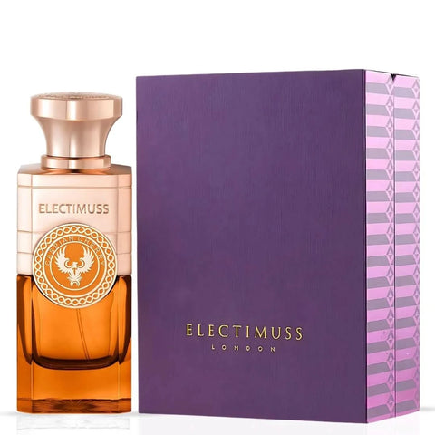 Electimuss London Caspian Cherry parfum spray 100ml, elegant glass bottle with black cap, showcasing luxurious design and branding.
