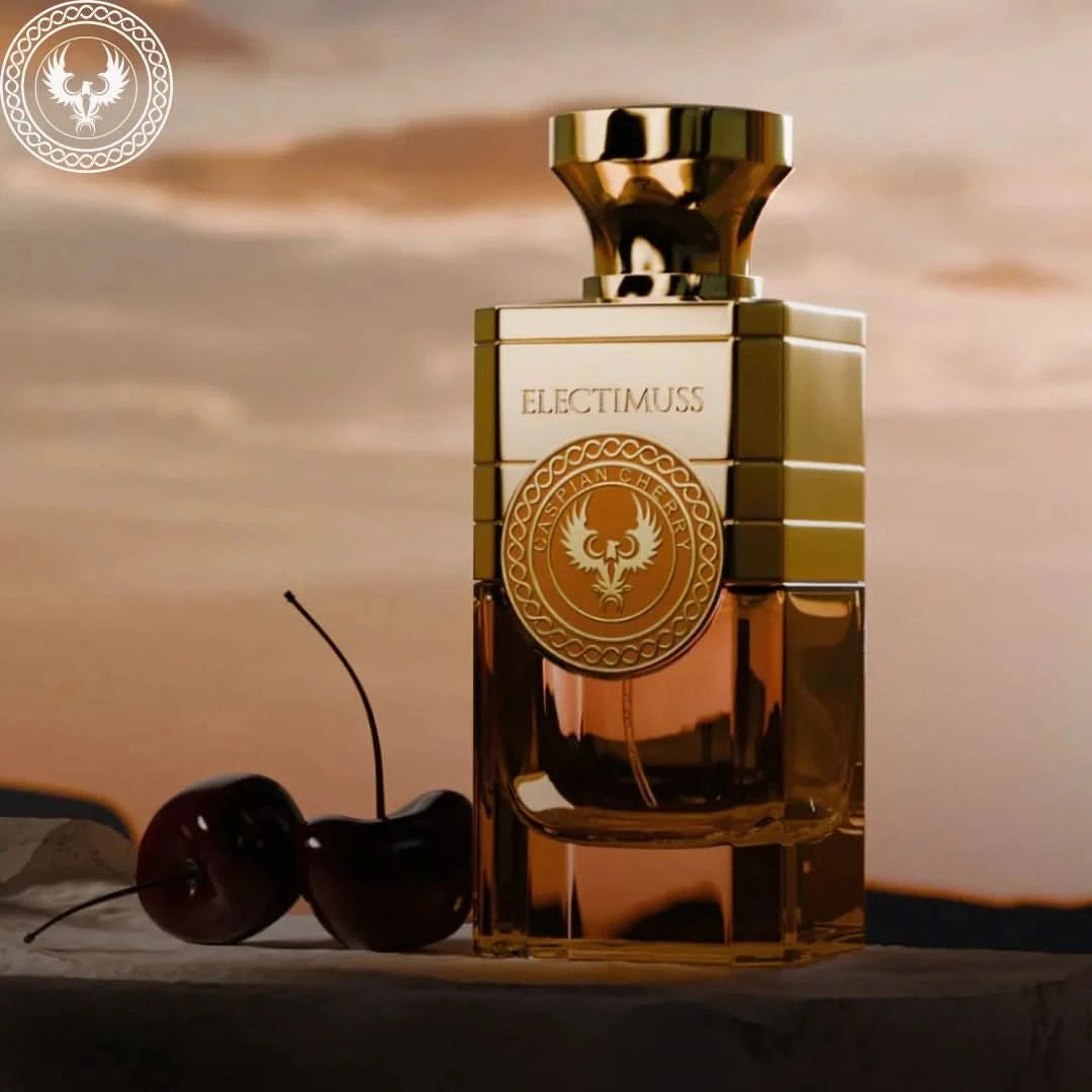 Electimuss London Caspian Cherry EDP parfum spray 100ml with elegant bottle and floral cherry design.
