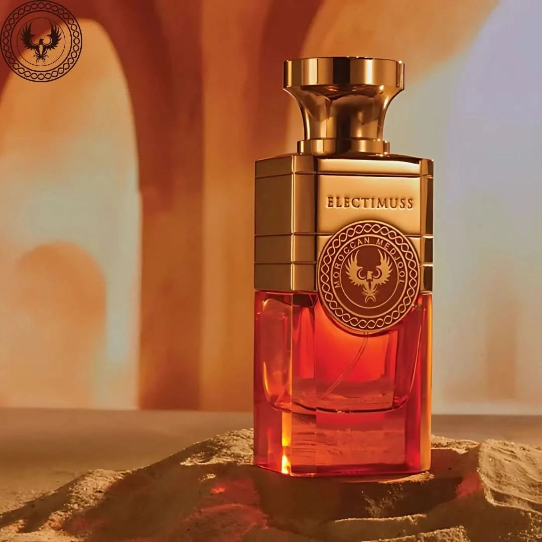 Electimuss London Moroccan Medjool Parfum Spray 100ml EDP bottle with elegant design and gold accents.