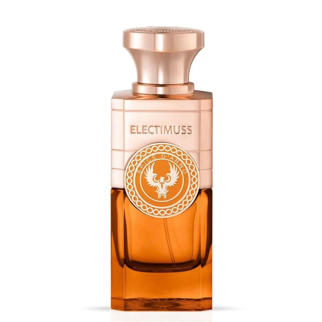 Electimuss London Spice D'Arno Eau de Parfum spray bottle, 100ml, featuring elegant packaging and fragrance details.