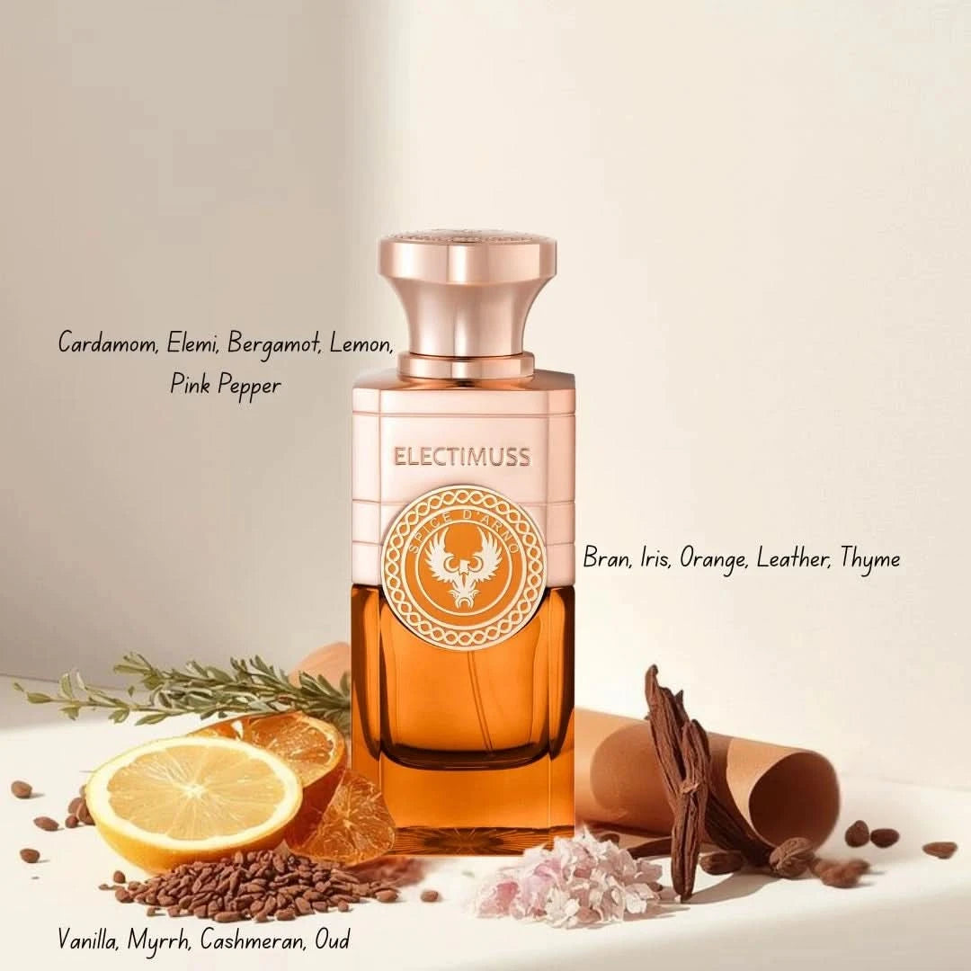 Electimuss London Spice D'Arno Eau de Parfum spray 100ml bottle with elegant packaging and floral and spicy fragrance details.