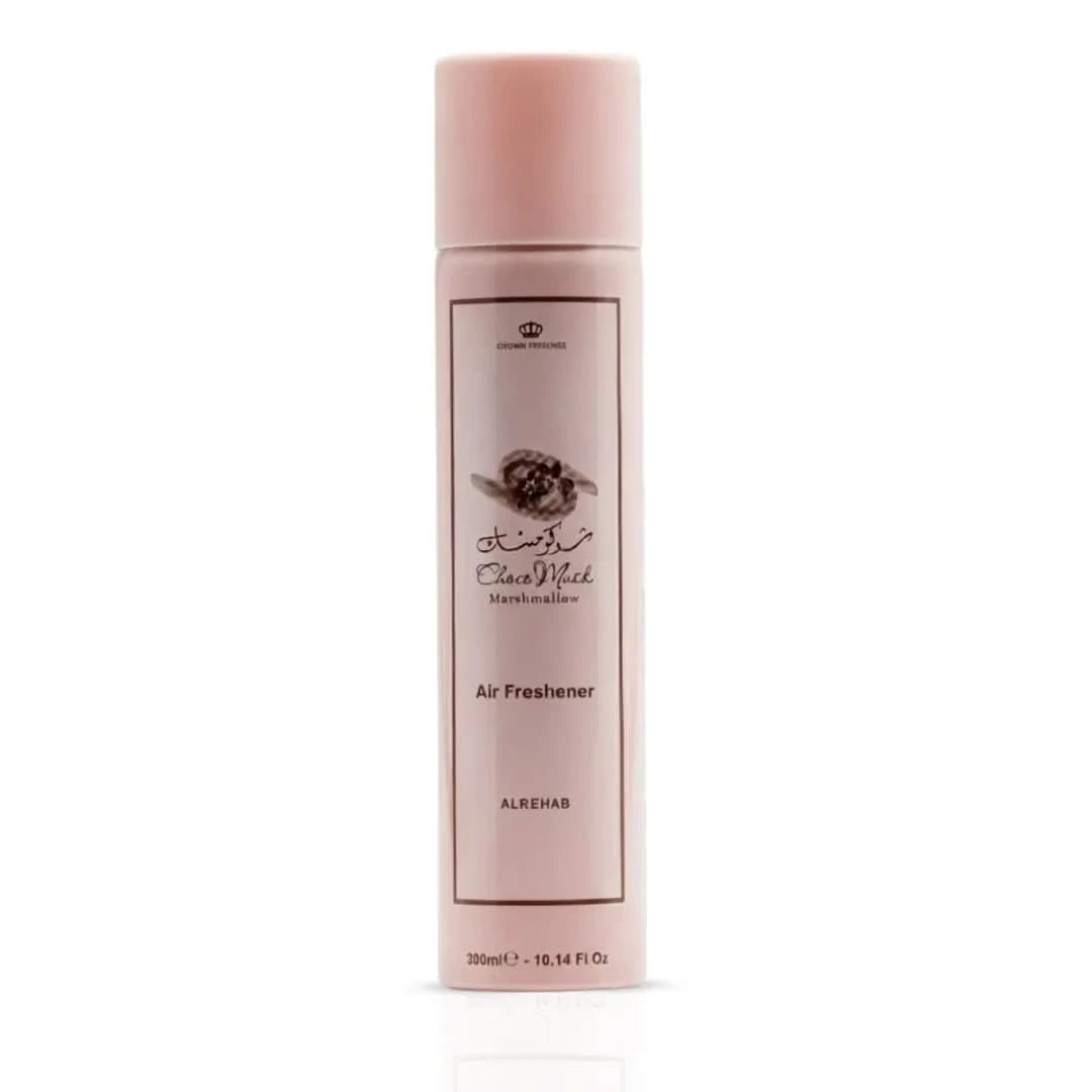 Al Rehab Choco Musk Marshmallow air freshener 300ml bottle with a sleek design and scent description visible on the label.