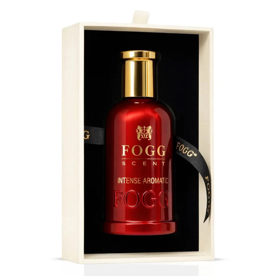 Fogg Intense Aromatic Eau de Parfum spray for men, 100ml bottle with sleek design and aromatic fragrance.