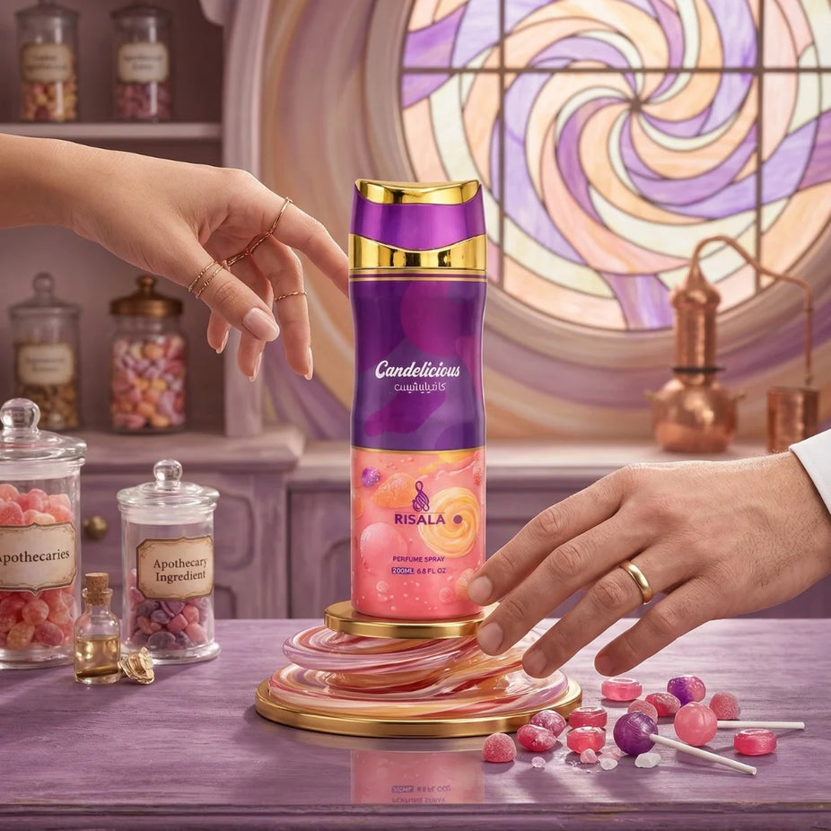 RISALA Candelicious Perfumed Body Spray 200ml deodorant bottle with floral and citrus scent, displayed on a white background.