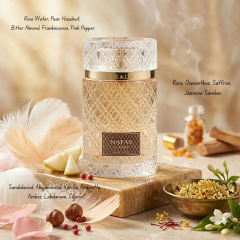 Elite Risala Nafas Feather Eau De Parfum Spray 100ml, elegant fragrance bottle with floral and woody notes.