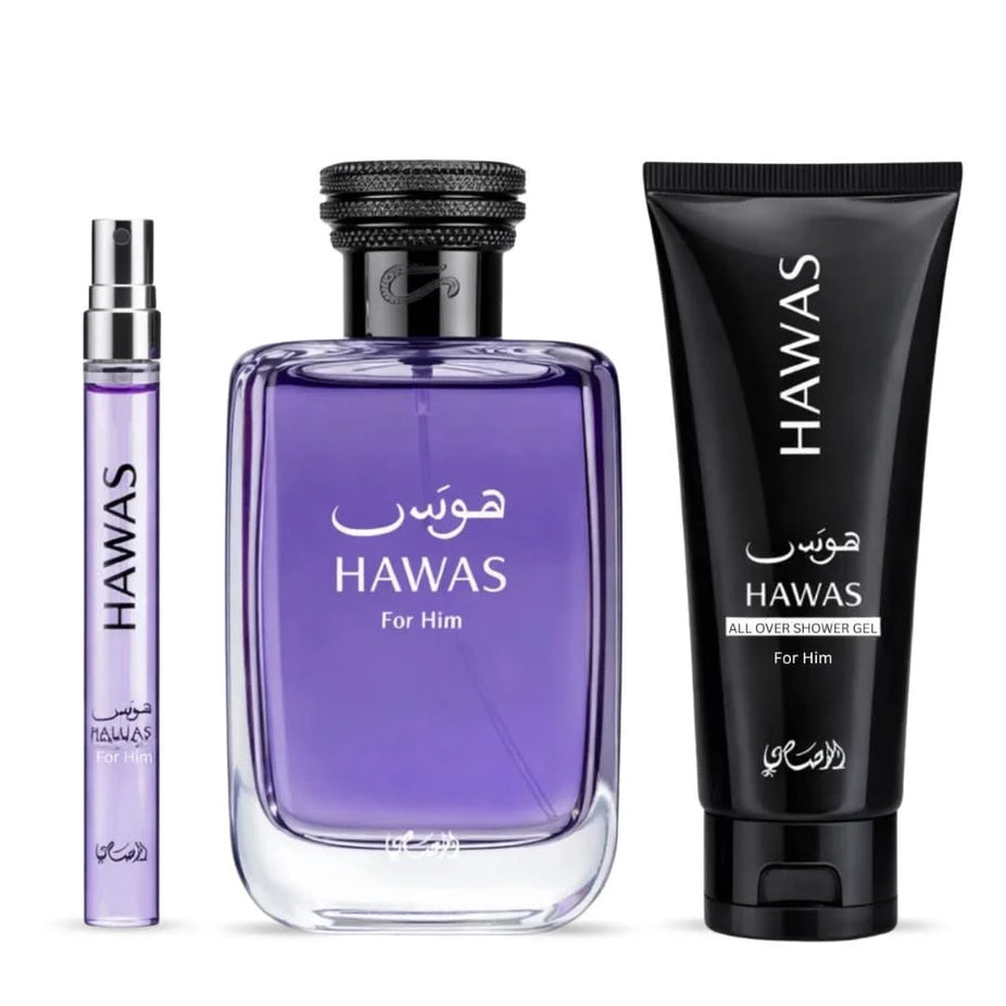 Rasasi Hawas men's 3-piece perfume gift set with bottles featuring sleek designs and decorative packaging.