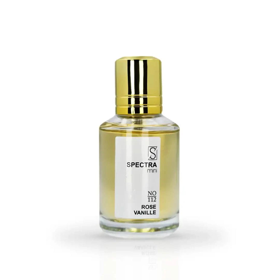 Spectra Mini Rose Vanille No. 112 Eau De Parfum spray in 25ml, featuring a floral and vanilla fragrance in a sleek bottle.