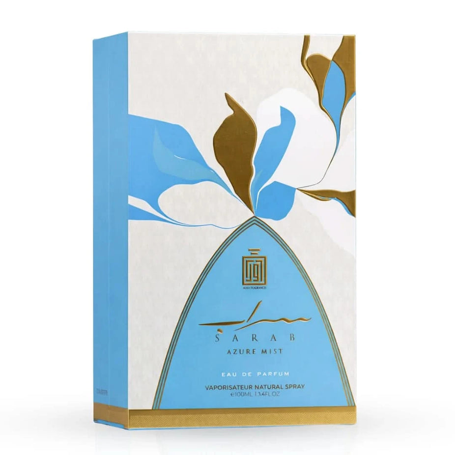 Aura by Aura Sarab Azure Mist Eau De Parfum spray, 100ml, featuring a sleek bottle with a light blue fragrance design.