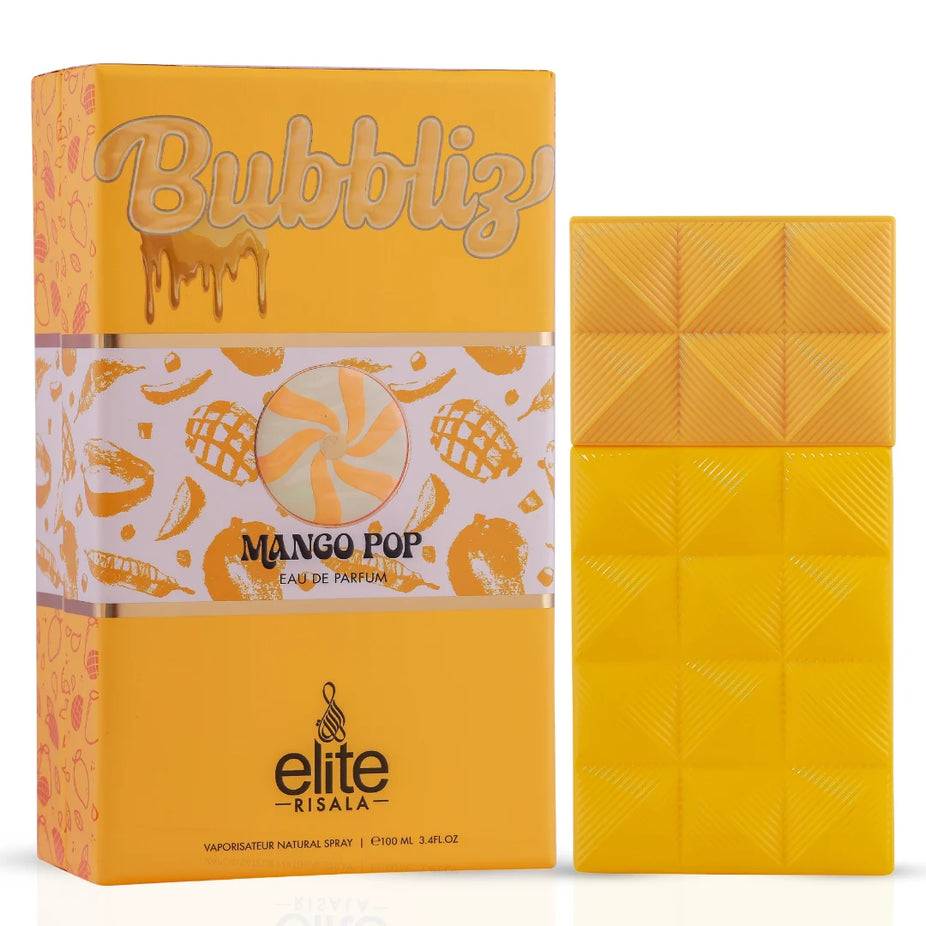 Elite Risala Bubbliz Mango Pop Eau De Parfum spray 100ml with tropical mango scent and stylish bottle design.