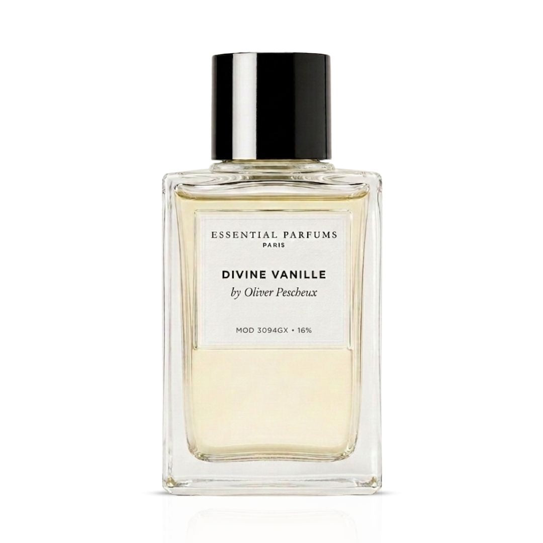 Essential Parfums Divine Vanille Eau de Parfum spray, 100ml, featuring warm vanilla and floral notes in a sleek bottle.