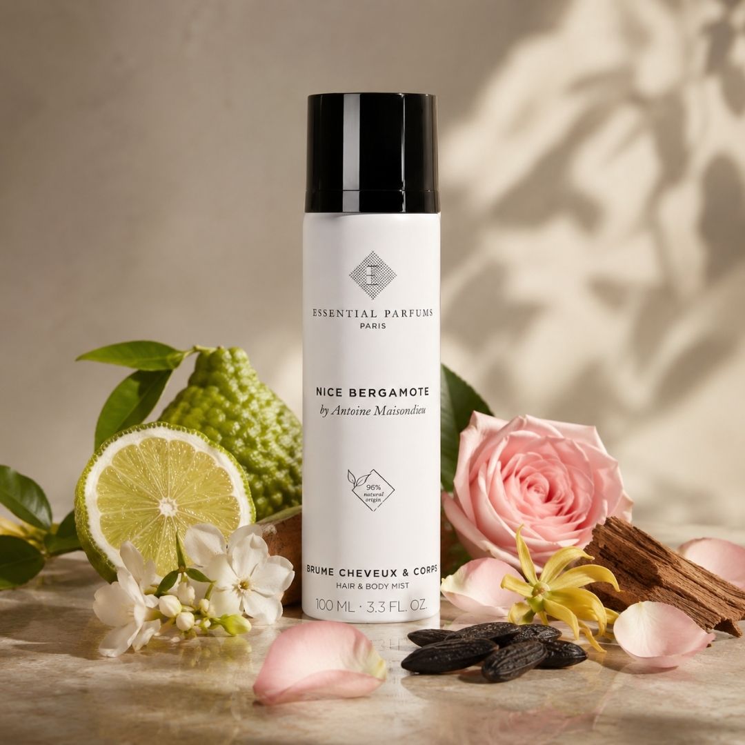Essential Parfums Nice Bergamote Hair & Body Mist 100ml bottle, featuring a sleek design and citrus-inspired fragrance.