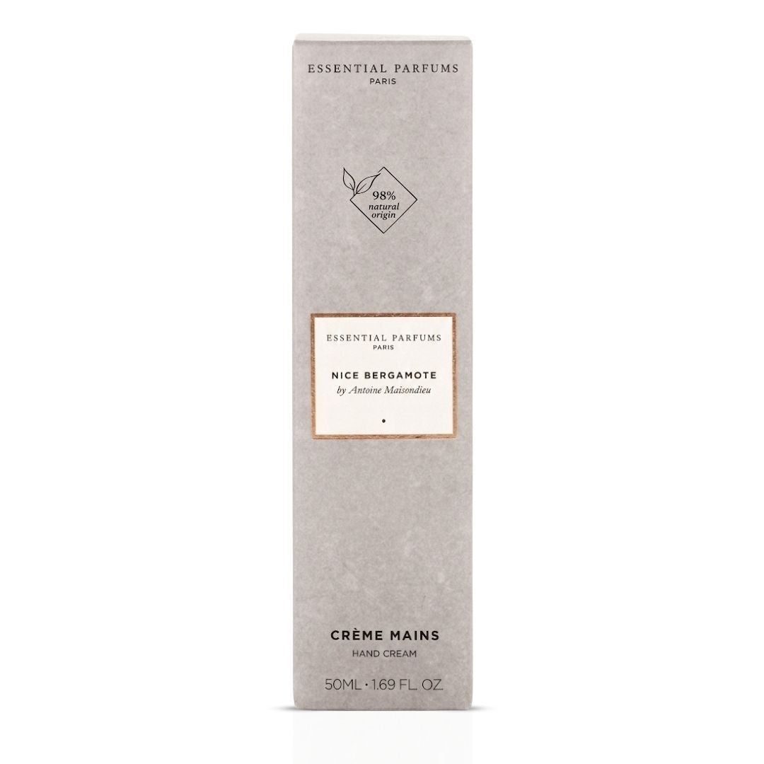 Essential Parfums Nice Bergamote hand cream in 50ml tube, featuring fresh bergamot scent and smooth moisturizing texture.