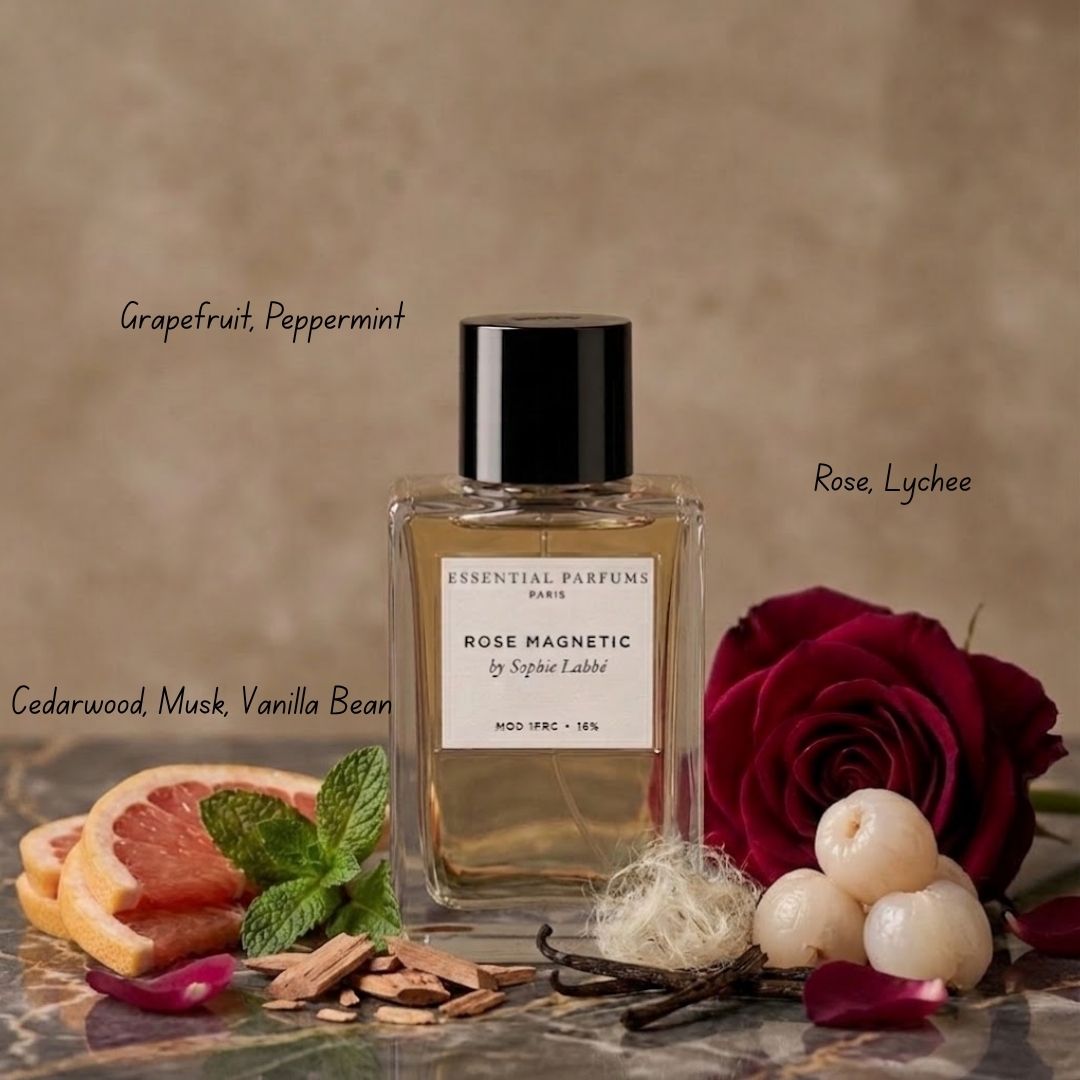 Rose Magnetic Eau de Parfum Spray by Essential Parfums featuring a sleek bottle with a rose-themed design, 100ml.