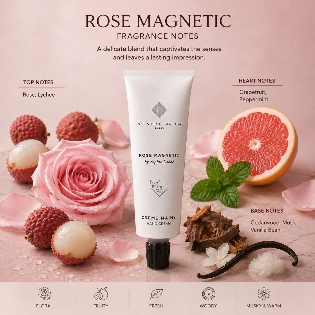Rose Magnetic hand cream by Sophie Labbé in 50ml jar, featuring floral scent and nourishing texture from Essential Parfums.