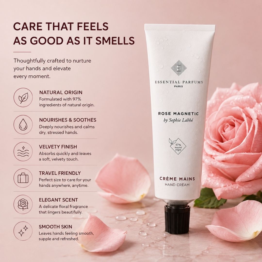 Rose Magnetic by Sophie Labbé hand cream in 50ml jar, featuring floral scent and luxurious moisturizing formula by Essential Parfums