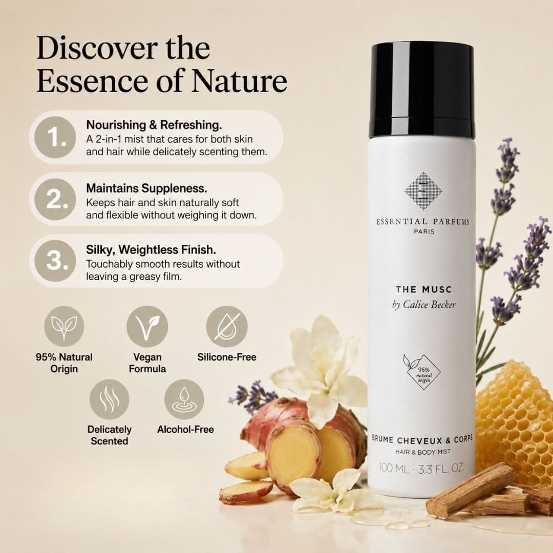 Essential Parfums The Musc Hair & Body Mist 100ml bottle, soft floral scent with elegant packaging and spray nozzle.