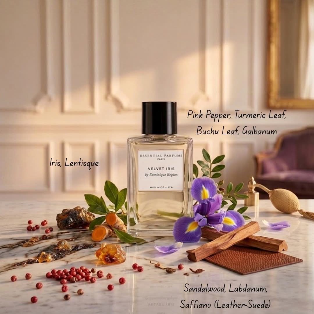 Velvet Iris Eau de Parfum spray by Essential Parfums, 100ml, featuring a sleek bottle with floral iris notes and elegant design.