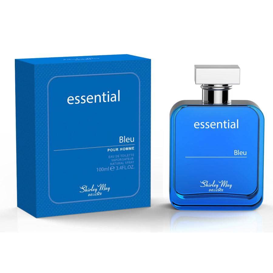 Shirley May Essential Bleu Men Eau De Toilette 100ml with pouch, featuring a sleek bottle and modern design.