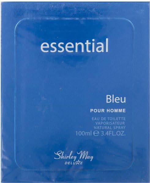 Shirley May Essential Bleu Men EDT 100ml bottle with matching pouch, featuring sleek blue design and elegant packaging.