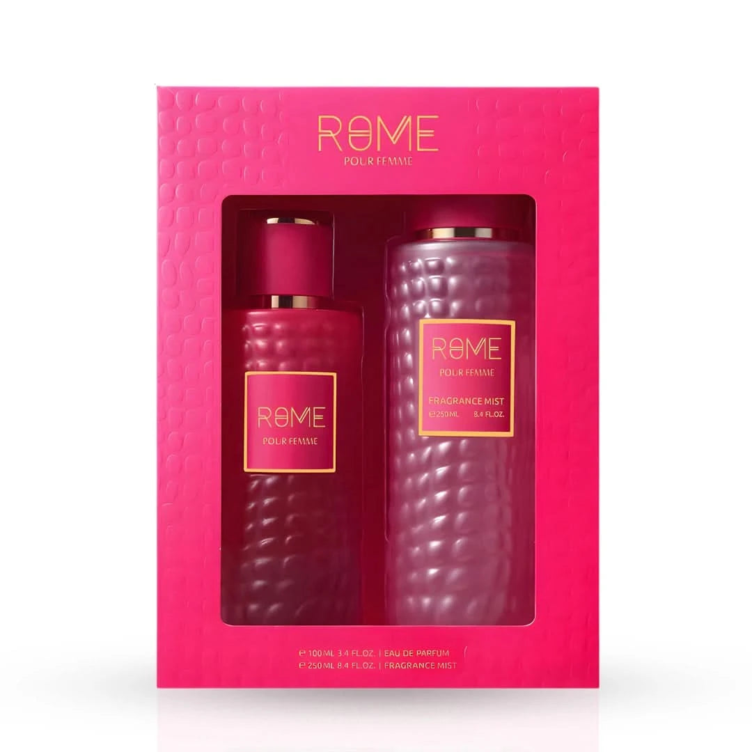 Rome Pour Femme by Mast Perfume gift set with two elegant fragrance bottles and packaging in a sleek, feminine design