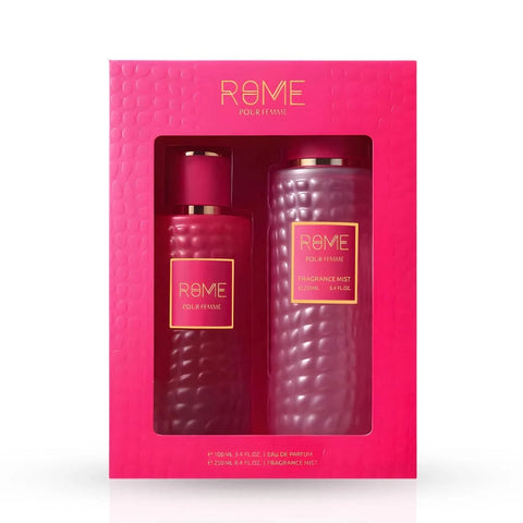 Rome Pour Femme by Mast Perfume gift set with two elegant fragrance bottles and packaging in a sleek, feminine design