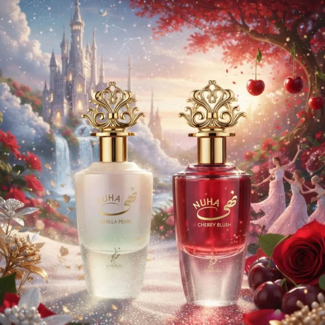 Nuha Cherry Blush and Vanilla Pearl Eau de Parfum Spray bundle by Khadlaj, featuring 85ml bottles with elegant floral and fruity scents.