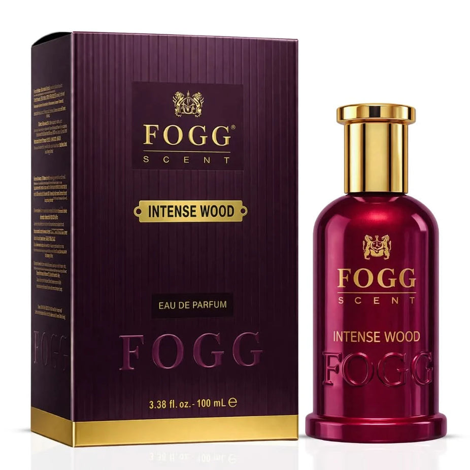 Fogg Intense Wood Eau de Parfum Spray for Men, 100ml bottle with sleek design and dark wood-inspired packaging.