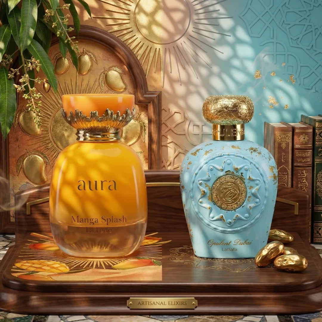 Bundle of Intense Oud Opulent Dubai and La Fede Aura Manga Eau de Parfum sprays, 100ml each, featuring luxurious fragrance bottles.