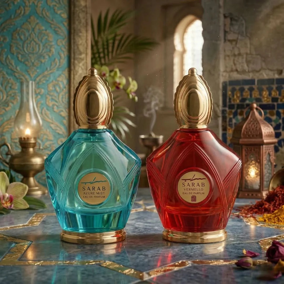 Aura by Aura Sarab Vermello and Azure Mist Eau De Parfum Spray bundle, 100ml each, in elegant bottles with floral and citrus accents