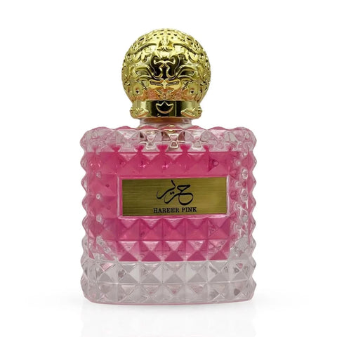 Aura Fragrances Hareer Pink Eau De Parfum spray 100ml bottle, elegant pink packaging and sleek design visible.