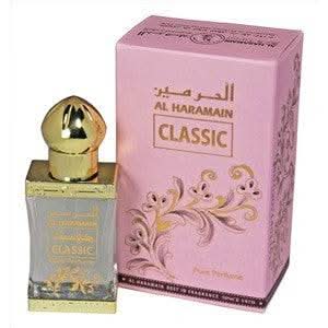 Al Haramain Classic Perfume Oil in a 12ml bottle, showcasing the elegant glass container and gold cap for concentrated fragrance.
