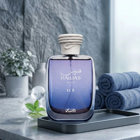 Hawas Ice 3-piece perfume gift set by Rasasi featuring three elegant bottles in a sleek presentation.