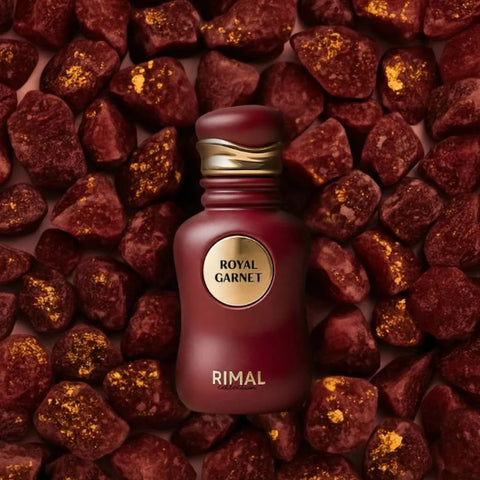 Royal Garnet Eau de Parfum spray by Rimal Collection, 100ml bottle, elegant glass with a deep red fragrance liquid.