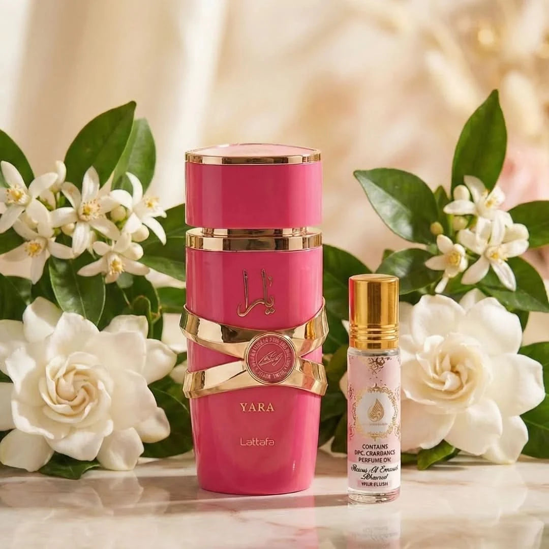 Bundle of Yara Candy Eau de Parfum spray by Lattafa and Pink Blush Shams Al Emarat roll-on perfume oil by Ard Al Zaafaran, featuring sleek bottles.