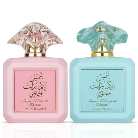 Bundle of Ard Al Zaafaran Shams Al Emarat Khususi Pink Blush and Iced Petal Eau de Parfum sprays, 100ml each, featuring elegant perfume bottles.