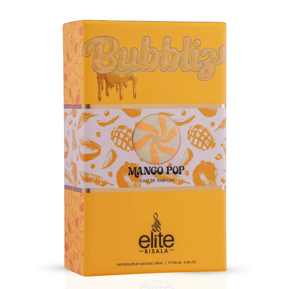Elite Risala Bubbliz Mango Pop Eau De Parfum spray, 100ml, featuring a vibrant mango fragrance in a sleek bottle.