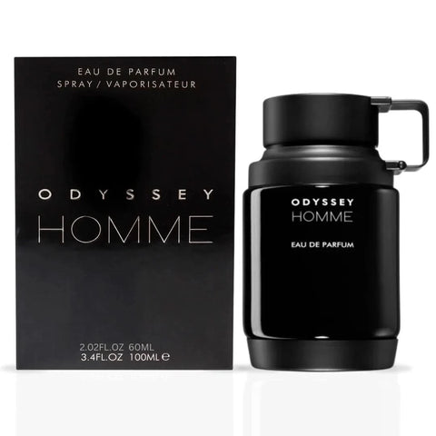 Odyssey Homme Black Eau de Parfum spray by Armaf, 100ml, sleek black bottle with modern design, suitable for men.