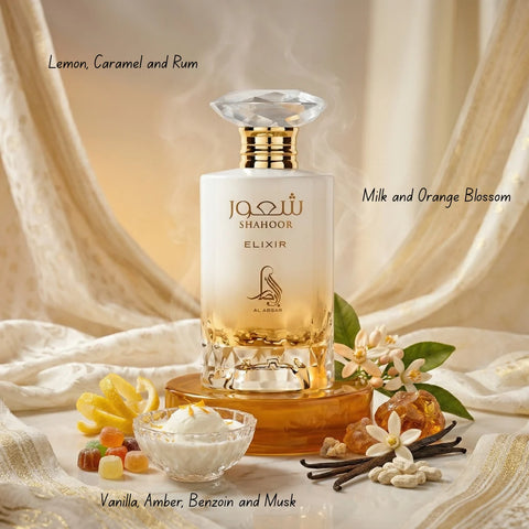 Al Absar Shahoor Elixir Eau de Parfum spray in 100ml velvet pouch, featuring a luxurious fragrance bottle with elegant design.